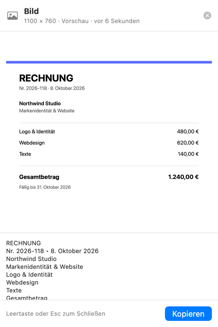 Übersicht eines Rechnungsbilds, darunter der von Pinclip erkannte Text