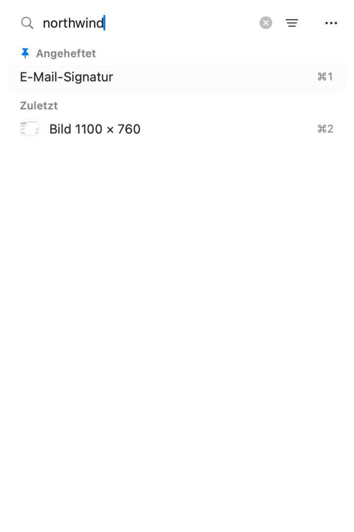 Die Suche nach „northwind“ findet eine angeheftete E-Mail-Signatur und das Bildschirmfoto einer Rechnung