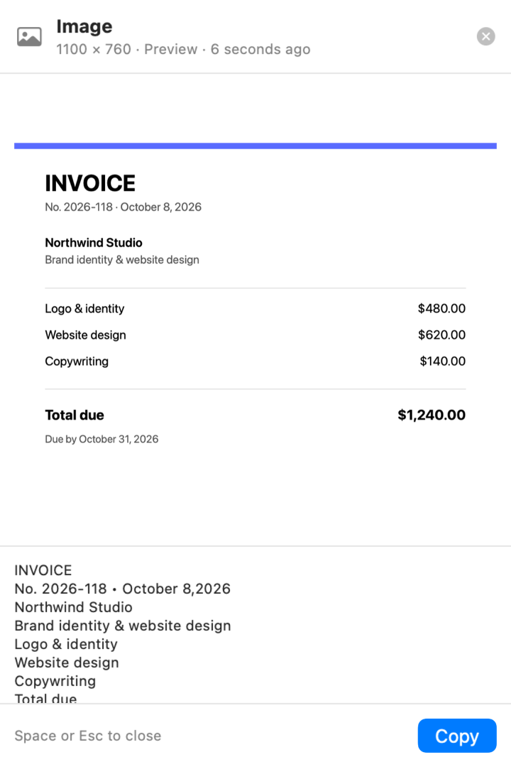 Quick Look of an invoice image, with the text Pinclip recognized in it below
