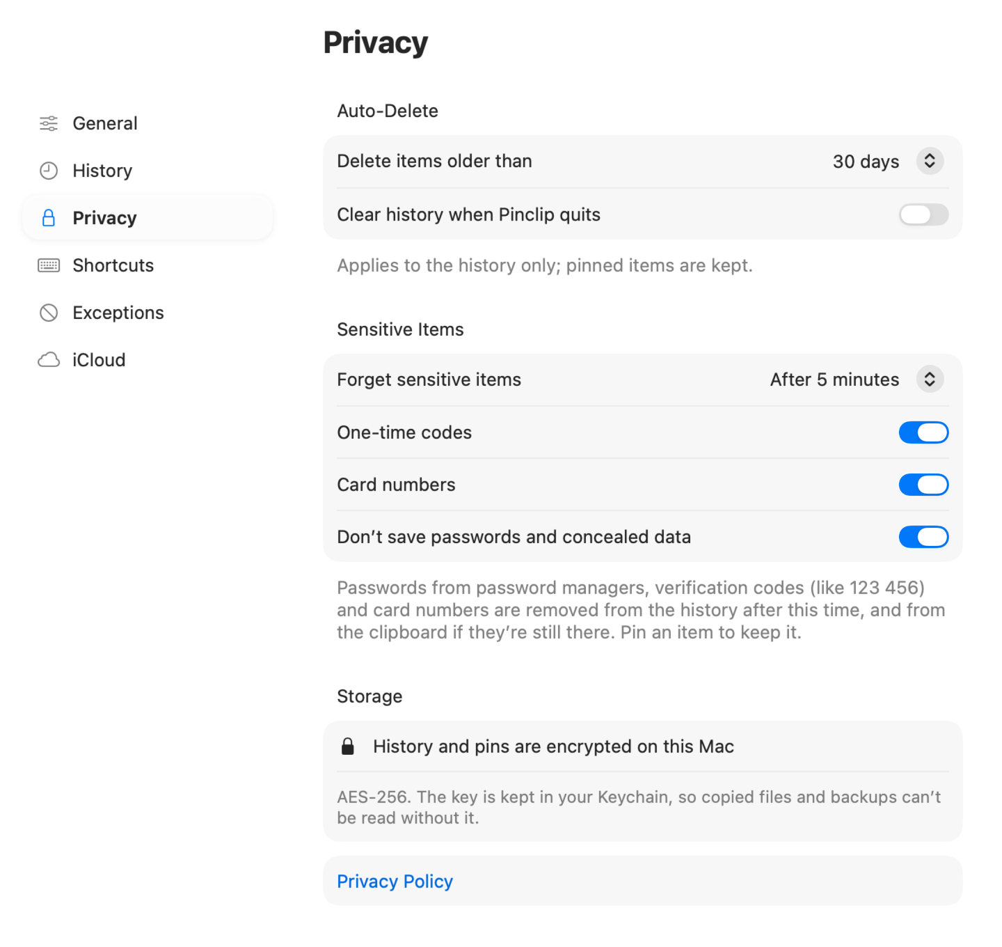 Privacy settings: auto-delete after 30 days, sensitive items forgotten after 5 minutes, and history encrypted on this Mac