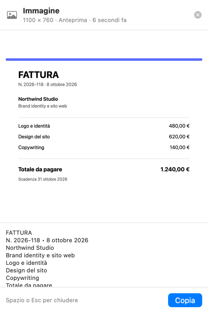 Visualizzazione rapida dell’immagine di una fattura, con sotto il testo riconosciuto da Pinclip