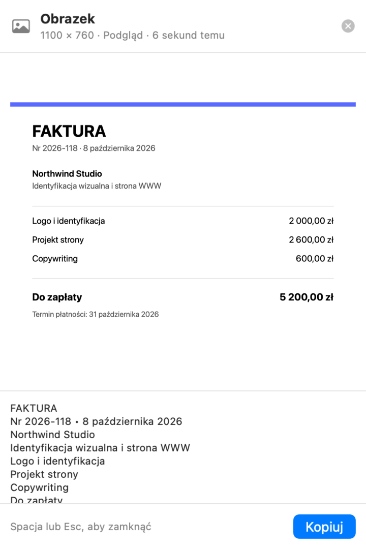 Szybki podgląd obrazka faktury z tekstem rozpoznanym przez Pinclip poniżej